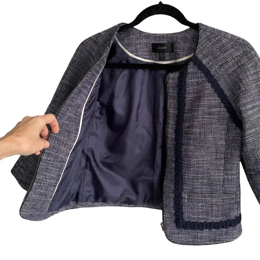 J. CREW Navy Blue Tweed Cropped Collarless Zip Front Blazer Jacket 0
